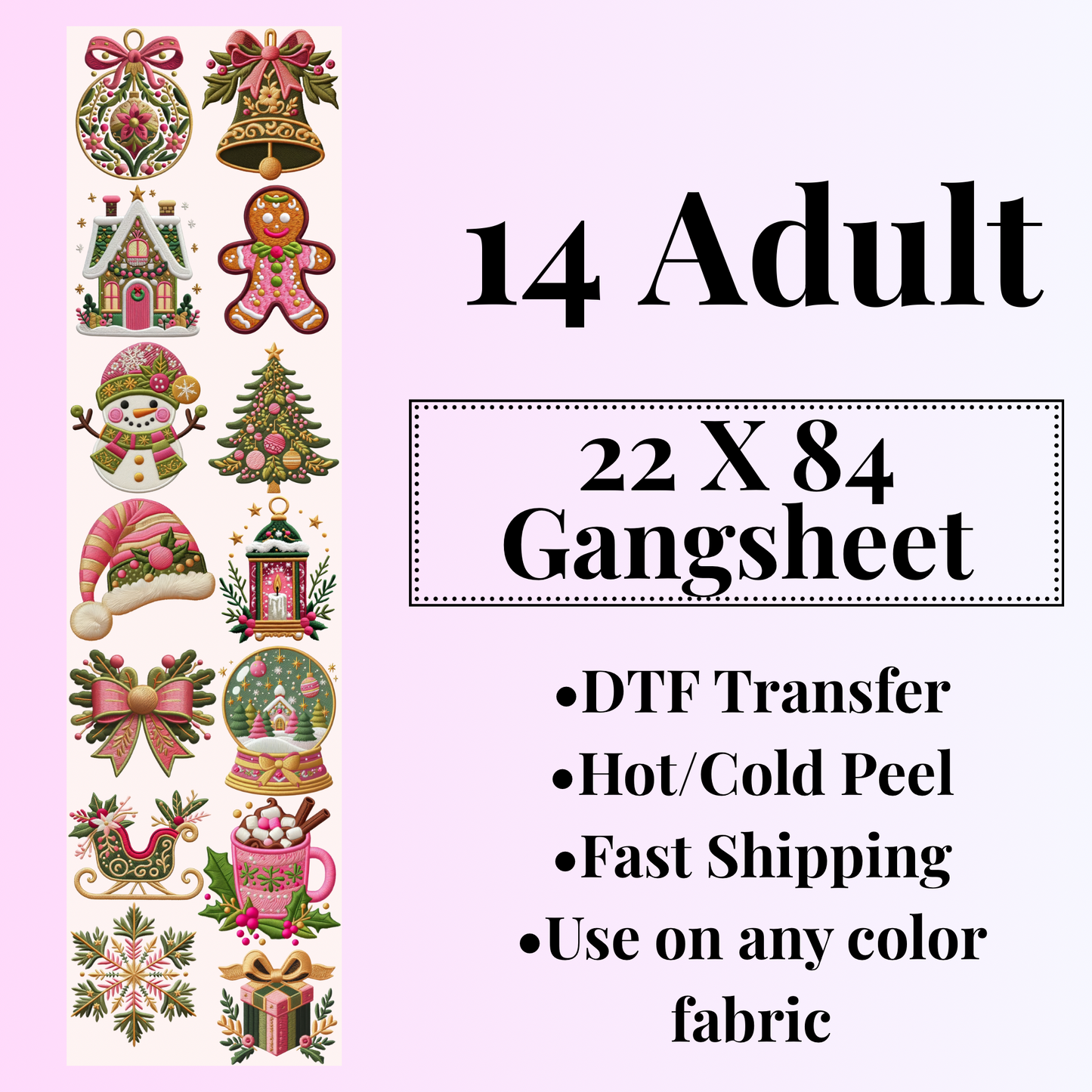 Emroidered Faux Christmas DTF Transfers Gang Sheet 22 X 84 IN